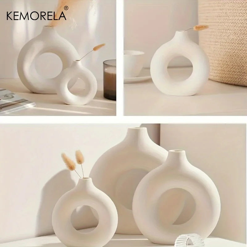 Nordic Style Ceramic Donut Shaped Vase Hollow Circular Flower Pot for Home Living Room Office Desktop Decorative Accessory Gift