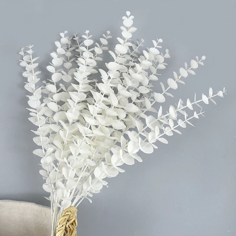 16Heads 50cm Artificial Flower White Fake Eucalyptus Leaves Faux Eucalyptus Branch with Stems for Home/Wedding Party Decor