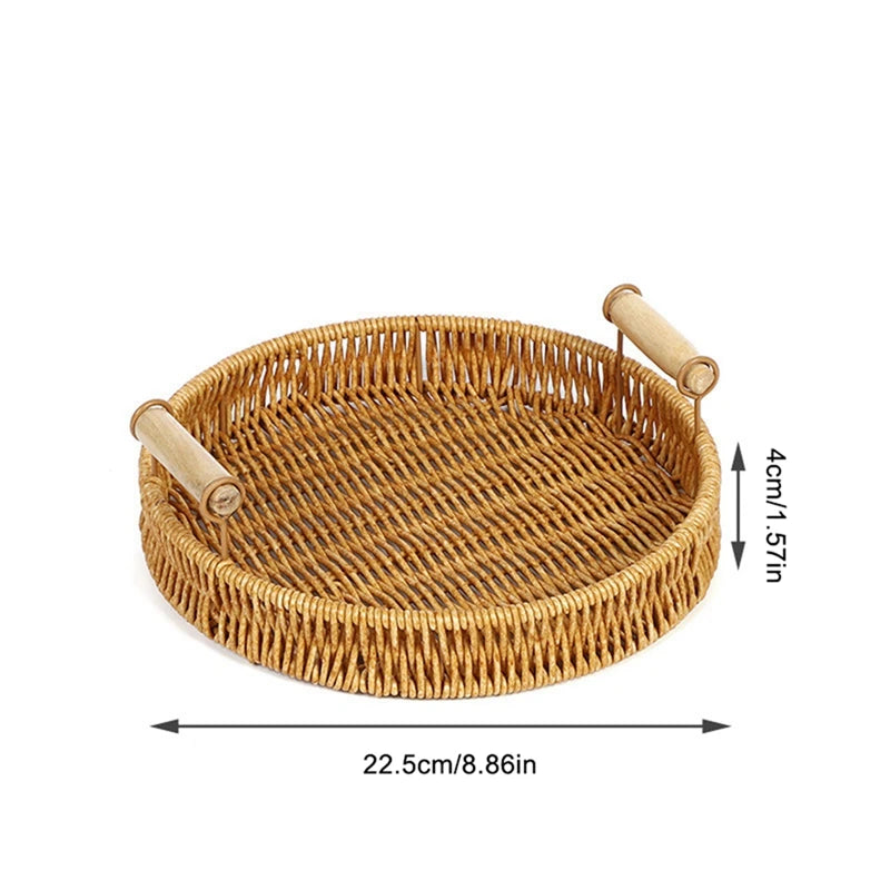 Multi-size Handwoven Rattan Storage Tray Round Wicker Basket Serving Tray With Wooden Handle Bread Food Plate Fruit Cake Platter
