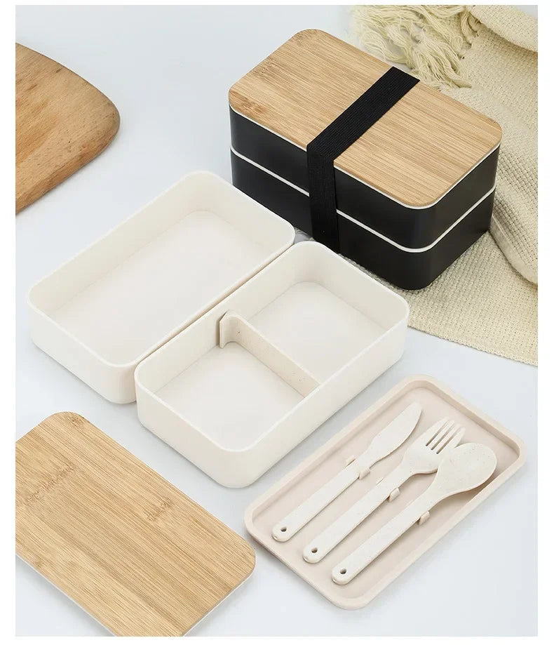 New Japanese Style Bento Box, Minimalist Double-layer Lunch Box with Knife, Fork, Spoon, Divided Student Lunch Box