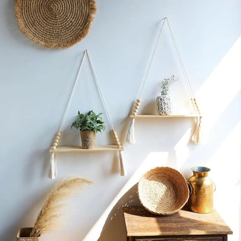 Wooden Macrame Wall Hanging Shelves - Boho Floating Shelves Macrame Plant Shelf Rustic Wall Decor for Bedroom Living Room Office
