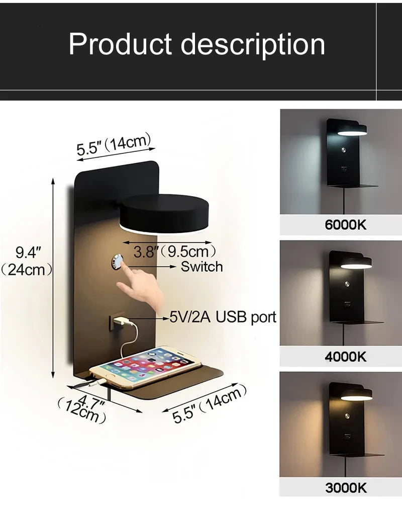 Bedroom Led Wall Lamps with USB Charge Wall Light Indoor Lamp for Living Room Decor Wall Panels with Switch Aisle Modern Sconce