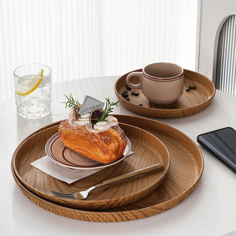 Wood grain tray for breakfast, premium cake, Japanese home coffee, dinner plate, tea tray, ins coffee shop round fruit tray