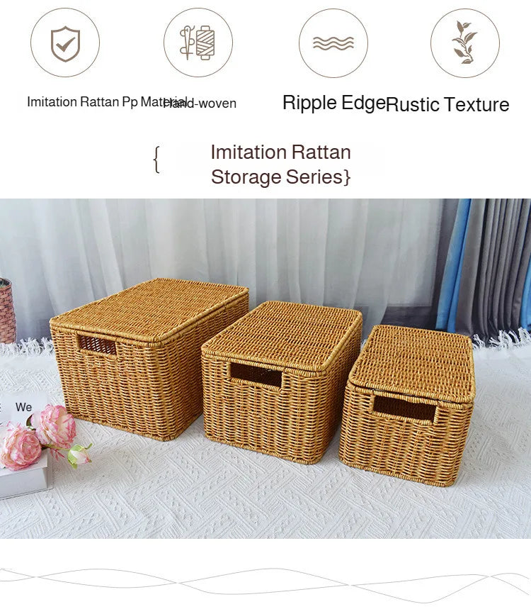 Closet Storage Basket Rattan Woven Organizer Box for Clothes Storage Bin with Lid Home Wardrobe Bedroom Shelf Use