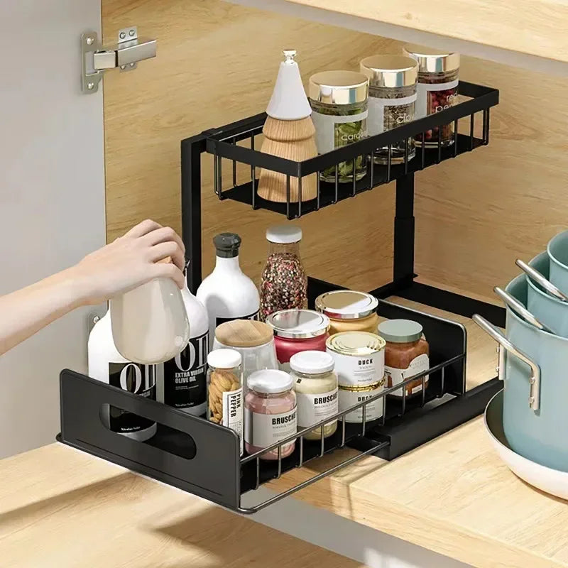 Kitchen 2 Tier Under Sink Organizer Rack with Sliding Drawer Multi-purpose Bathroom Organizer Shelf for Kitchen Bathroom Storage