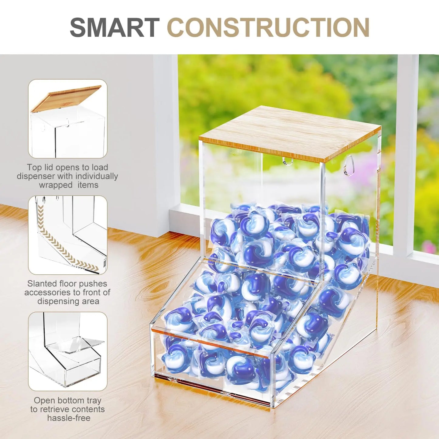 Washing Capsule Container Acrylic Storage Box With Bamboo Lid Wall Mounted Laundry Pods Organizer Clear Capsule Storage Box