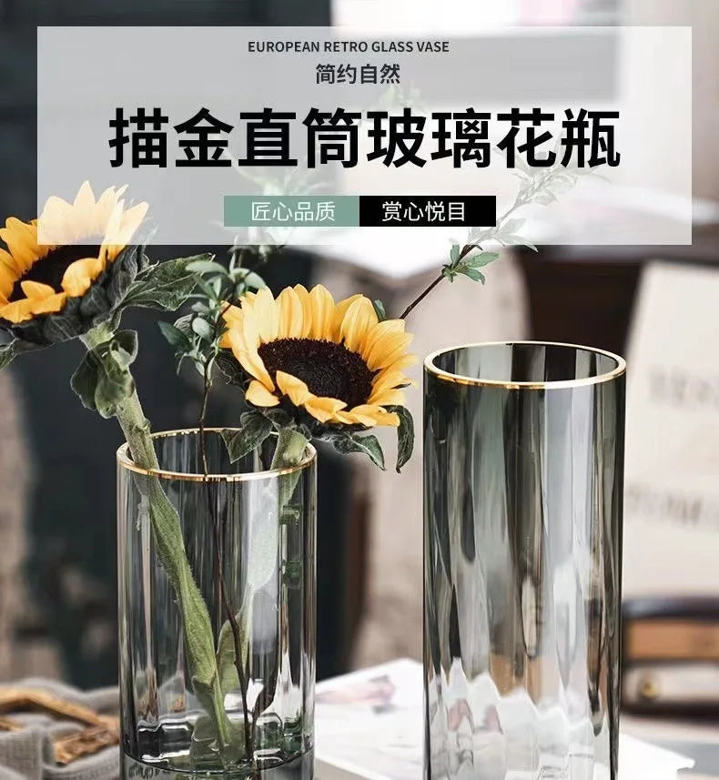 Vase, high-end straight tube, gold-plated glass vase, transparent water cured dried flower arrangement, desktop decoration