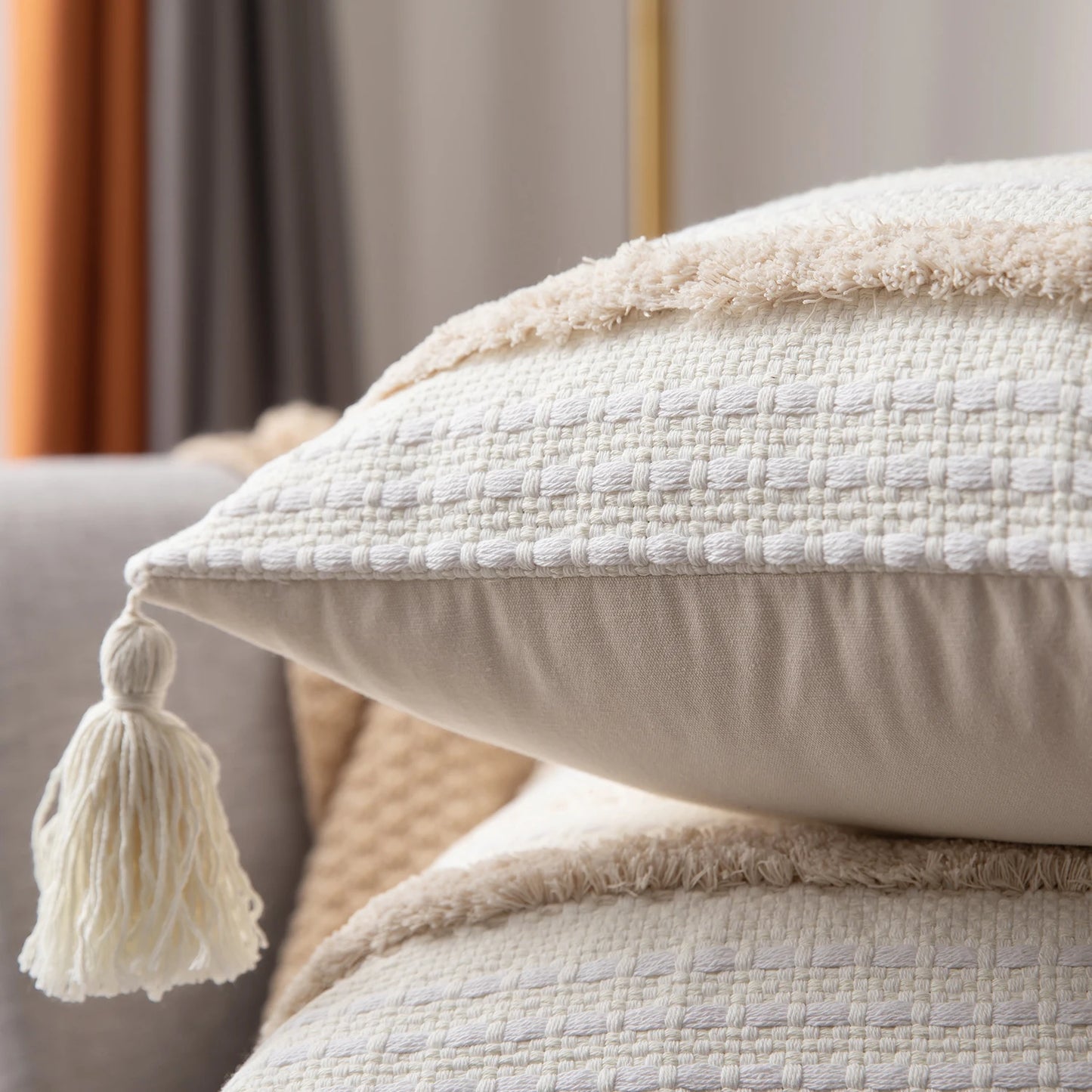 Battilo Boho Throw Pillow Cover Tufted Pillow Case with Tassels Neutral Woven Cushion Cover for Sofa Bed Living Room Home Decor