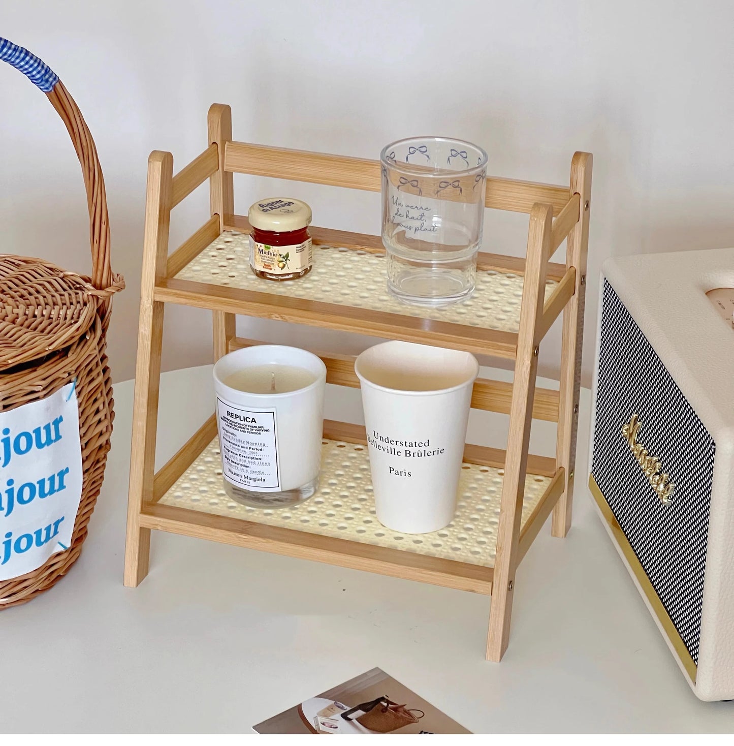 Wooden Storage Shelf 2-Tier Rattan Desktop Stand Organizer Trapezoidal Desk Display Rack Desktop Stationary Office Storage Rack