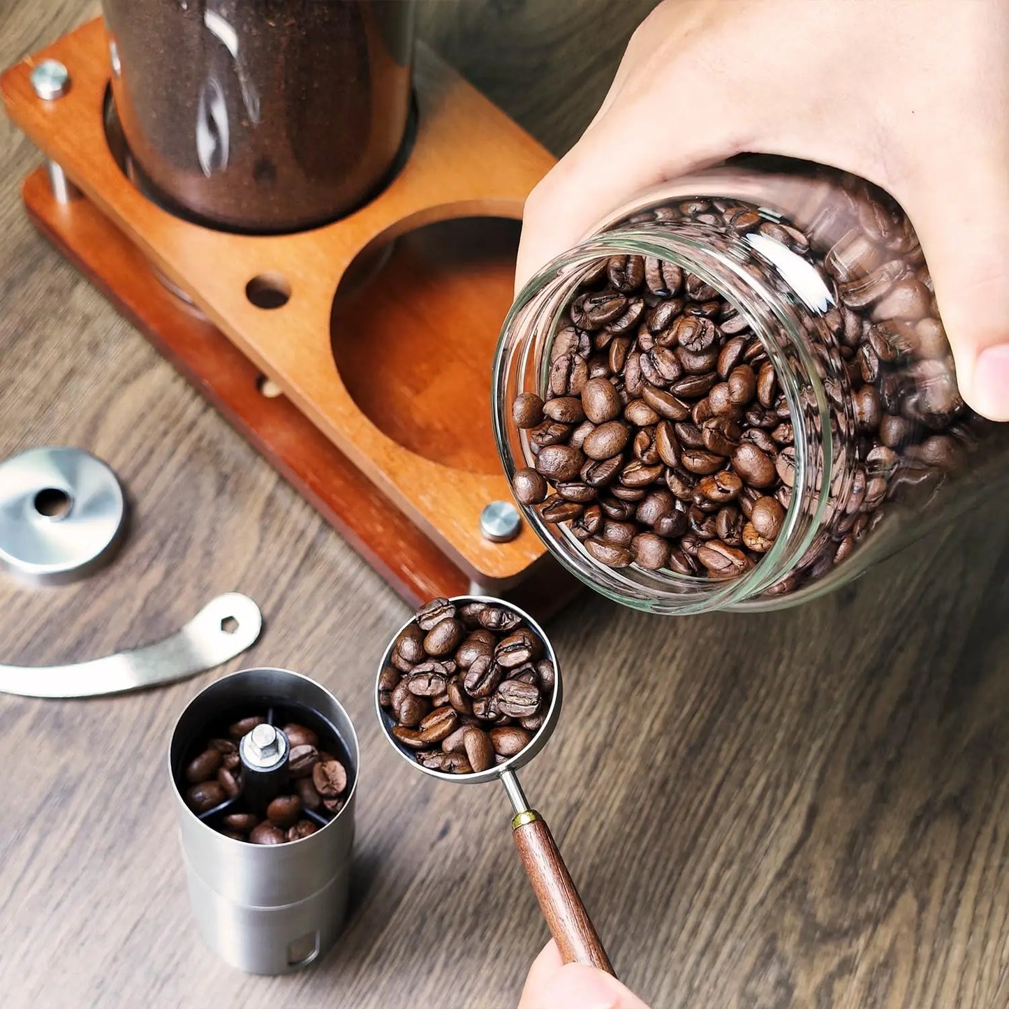 Glass Coffee Grounds Container with Shelf, 2 × 45 oz Glass Coffee Canisters with Airtight Thread Lid, Glass Storage Jars