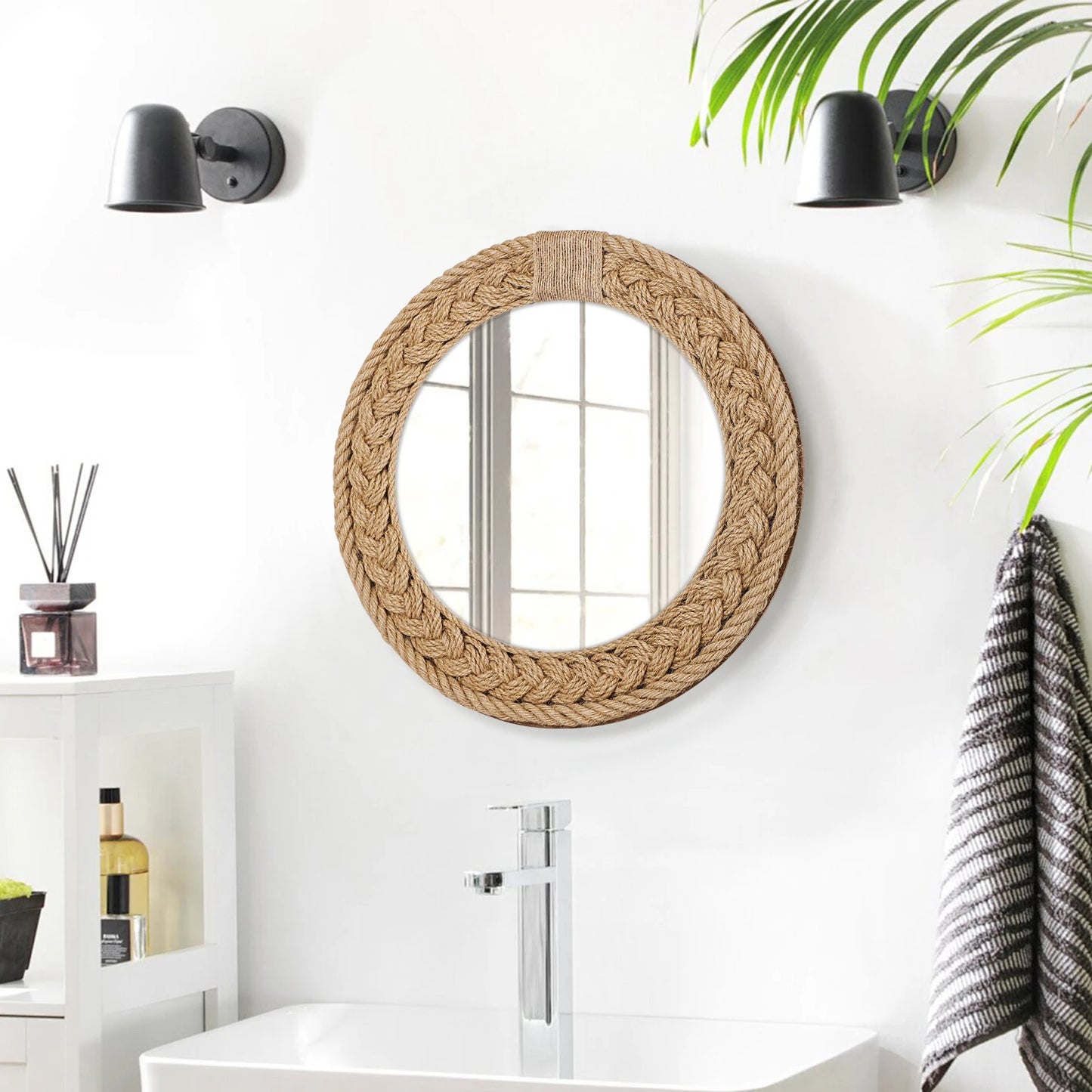 Hand-woven Nordic decorative hanging mirror creative hanging wall sofa porch homestay style background wall decor makeup mirror