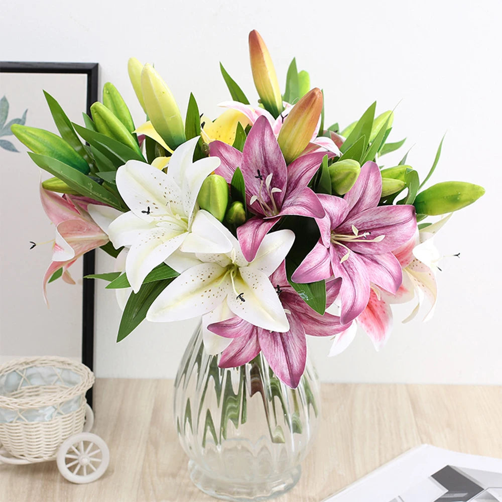 Artificial Flowers Real touch Lily branch real looking white fake Flowers flores for Wedding Garden Home Room Table Decoration