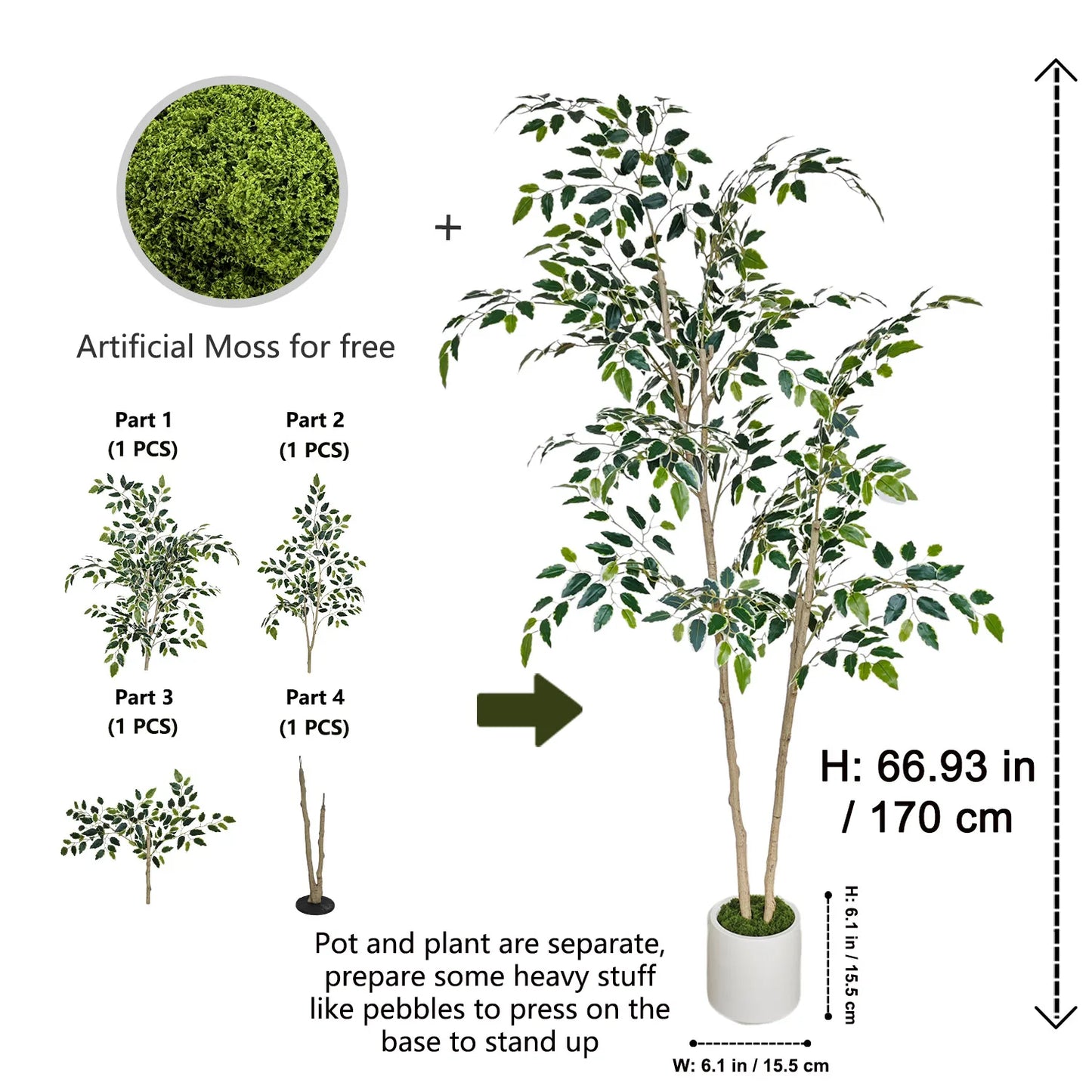150-170cm New Artificial Ficus Plant Potted indoor outdoor Fake Plant for Home garden Room Balcony shops festival Decor With pot