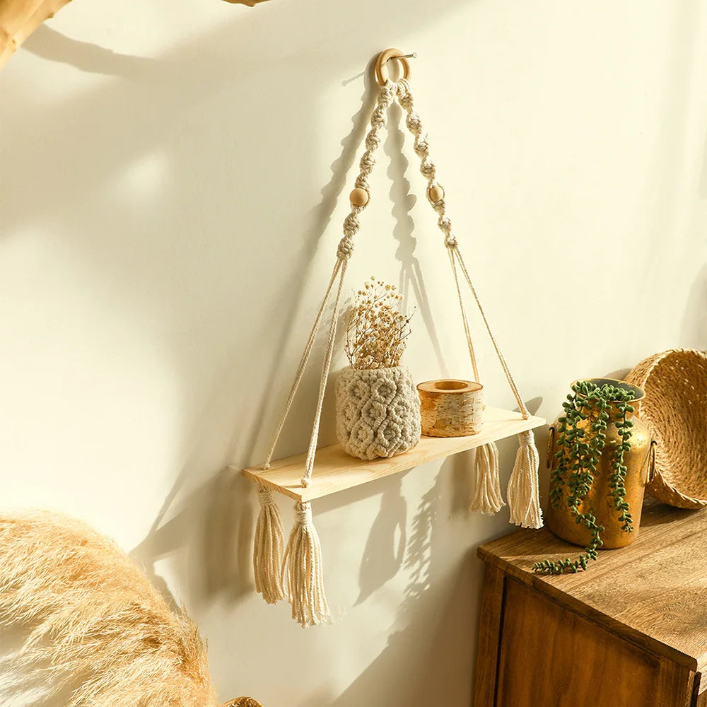Wooden Macrame Wall Hanging Shelves - Boho Floating Shelves Macrame Plant Shelf Rustic Wall Decor for Bedroom Living Room Office