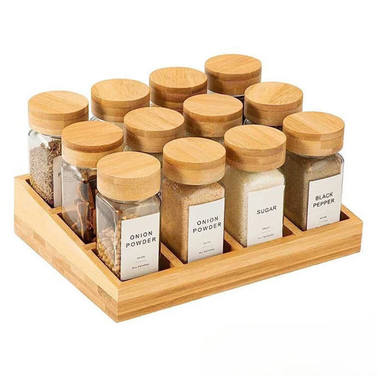 Glass Spice Jars W/ Bamboo Lids + Wood Tray, Storage Containers Storage Jars Flour Jar Kitchen Canisters