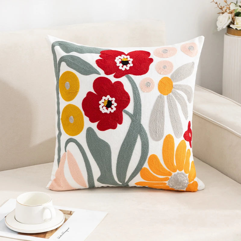 1PC Boho Embroidery Flower Throw Pillow Cover 17.7inx17.7in