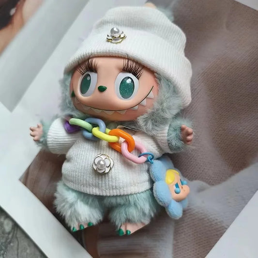 Labubu 17cm Knitted Set - Cute Crossbody Bag And Customized Leather Shoes with False Eyelashes Fashion Doll Accessories for Kids