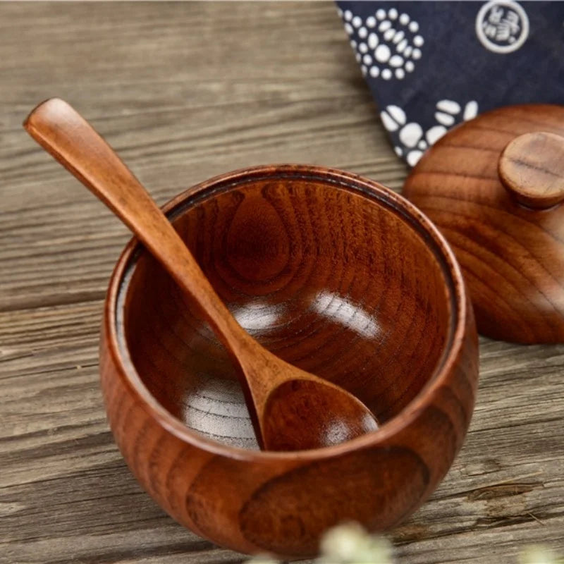 Wooden Seasoning Jar Salt Jar with Lid and Spoon Spice Pepper Seasoning Container Condiment Storage Bowl Household Kitchen Tool