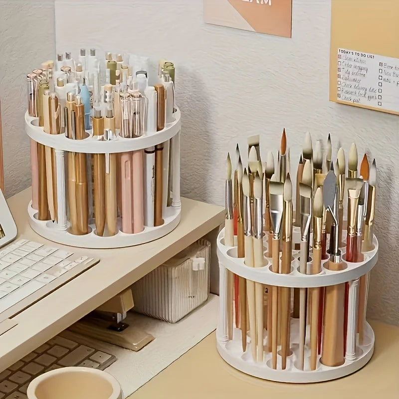 360° Rotating Brush Holder - Sleek White Plastic Organizer for Art Brushes, Space-Saving Desktop Accessory with Glazed Finish