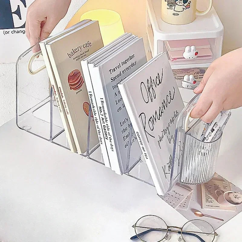 Convenient Clear Acrylic Bookends with Handle Desk Organizer Divided Book Stand Desktop Sorting Rack Study Supplies
