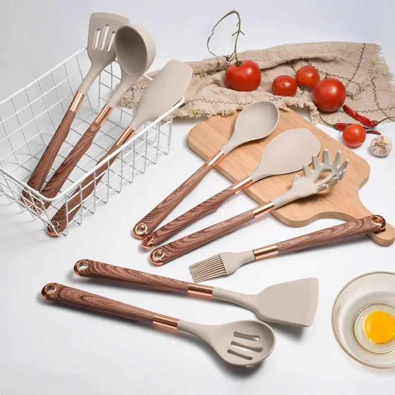 Kitchen Utensils Silicone Cooking Utensils Kitchenware, Gold-plated Wood Grain Handle, Spatula, SpoonsCooking Pots Set