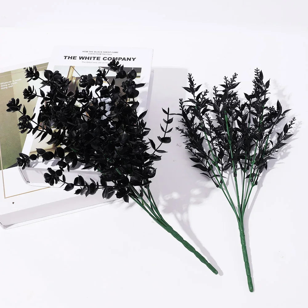 7 Branches Black Eucalyptus Leaf Plastic Artificial Plants Persian Fern Halloween Fake Flower Bouquet Home Party Decoration
