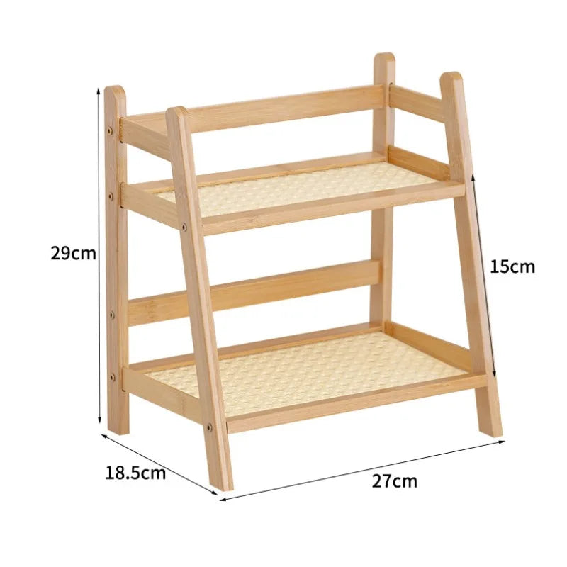 Wooden Storage Shelf 2-Tier Rattan Desktop Stand Organizer Trapezoidal Desk Display Rack Desktop Stationary Office Storage Rack