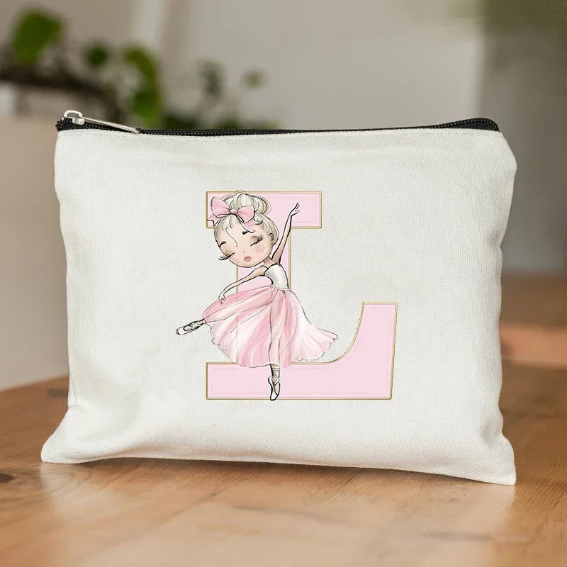 Ballet Girls Makeup Pouch Bags A-Z Initial Make Up Cosmetic Organizer Dance Girl Travel Toilet Clutch Wedding Bridesmaid Gifts