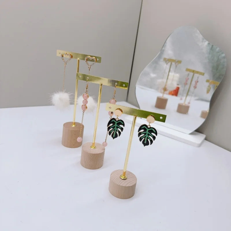 T Bar Earring Display Stand With Wooden Base Jewelry Holders Hanging Jewelry Organizer For Photography Props Iron jewelry rack