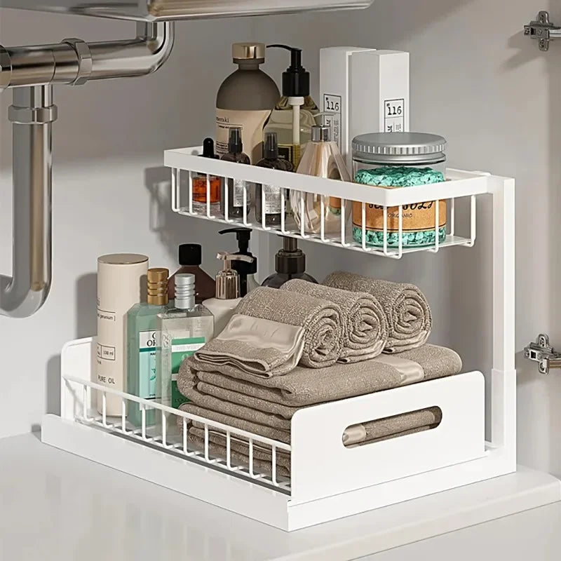 Kitchen 2 Tier Under Sink Organizer Rack with Sliding Drawer Multi-purpose Bathroom Organizer Shelf for Kitchen Bathroom Storage
