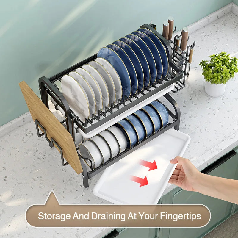 【Multi-Functional Kitchen Storage Rack】Dish Plate Organizer with Drainage Rack Countertop Utensil Holder for Chopsticks &