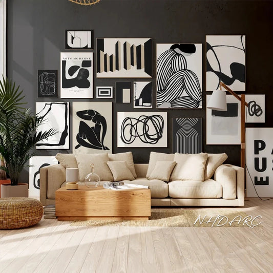 Scandinavian Minimalist Wall Art Modern Black and White Abstract Oil Painting Poster Print Home Bedroom Living Room Decoration