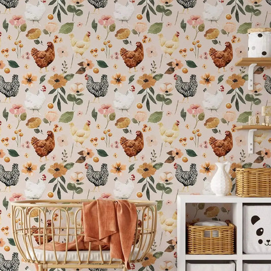 Farmhouse Wallpaper - Watercolor Chicken Floral Wallpaper - Painted Hens Chickens Peel and Stick Wallpaper,Removable Wallpaper