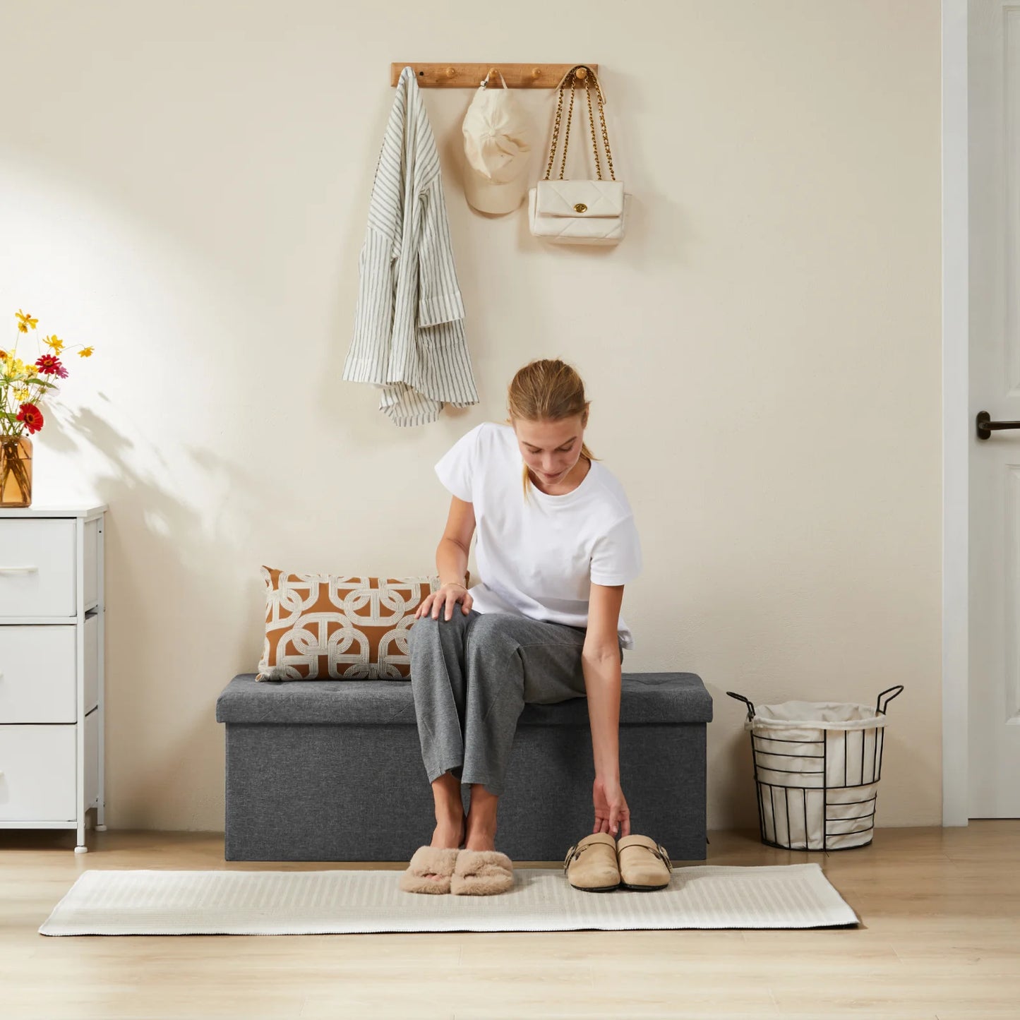 JHK Storage Stool with Foam Seats, Hidden Storage Box, Living Room Toy Storage Box, Bedroom Bed End Bench