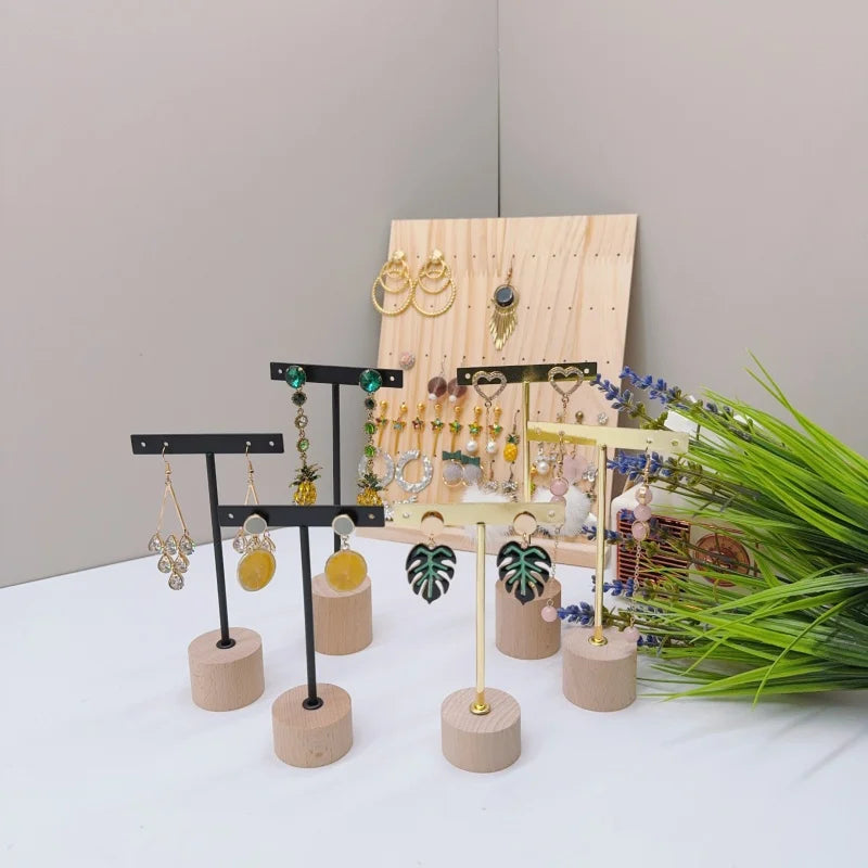 T Bar Earring Display Stand With Wooden Base Jewelry Holders Hanging Jewelry Organizer For Photography Props Iron jewelry rack