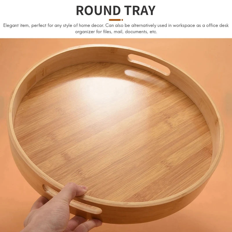 Promotion! Round Serving Bamboo Wooden Tray for Dinner Trays Tea Bar Breakfast Food Container Handle Storage Tray 3