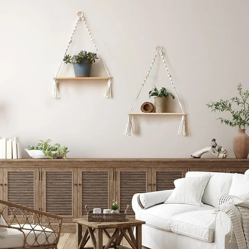Wooden Macrame Wall Hanging Shelves - Boho Floating Shelves Macrame Plant Shelf Rustic Wall Decor for Bedroom Living Room Office