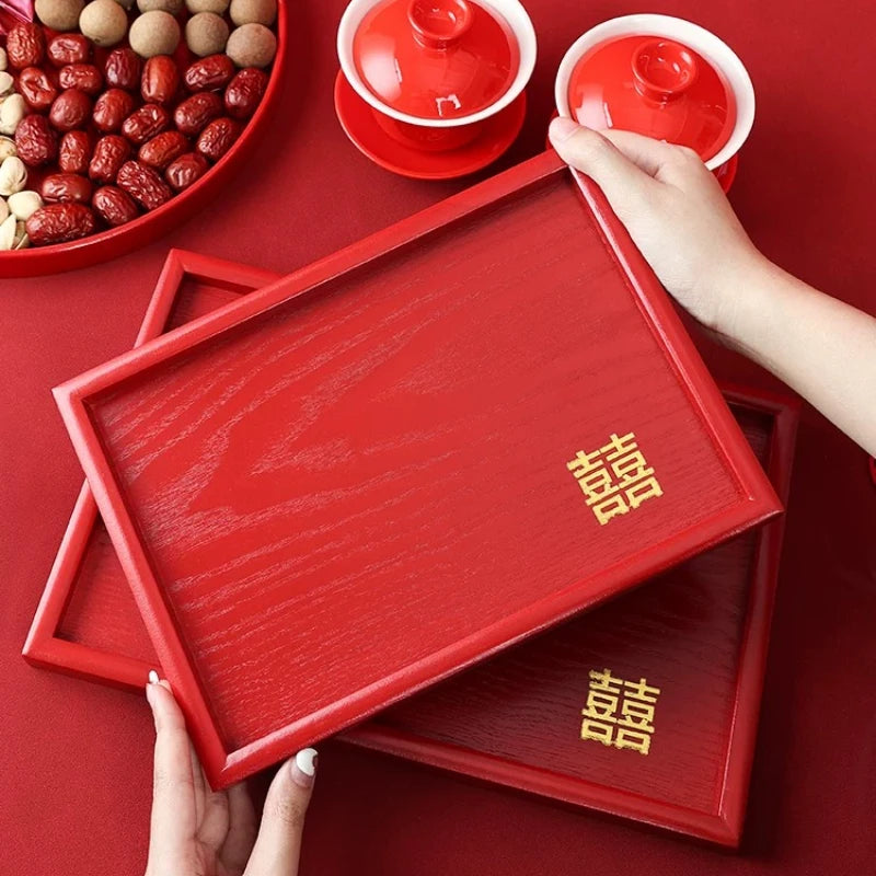 Chinese Red Solid Wood Tray Wedding Wedding Decorative Tray Home Dry Brew Tea Tray Wedding Supplies