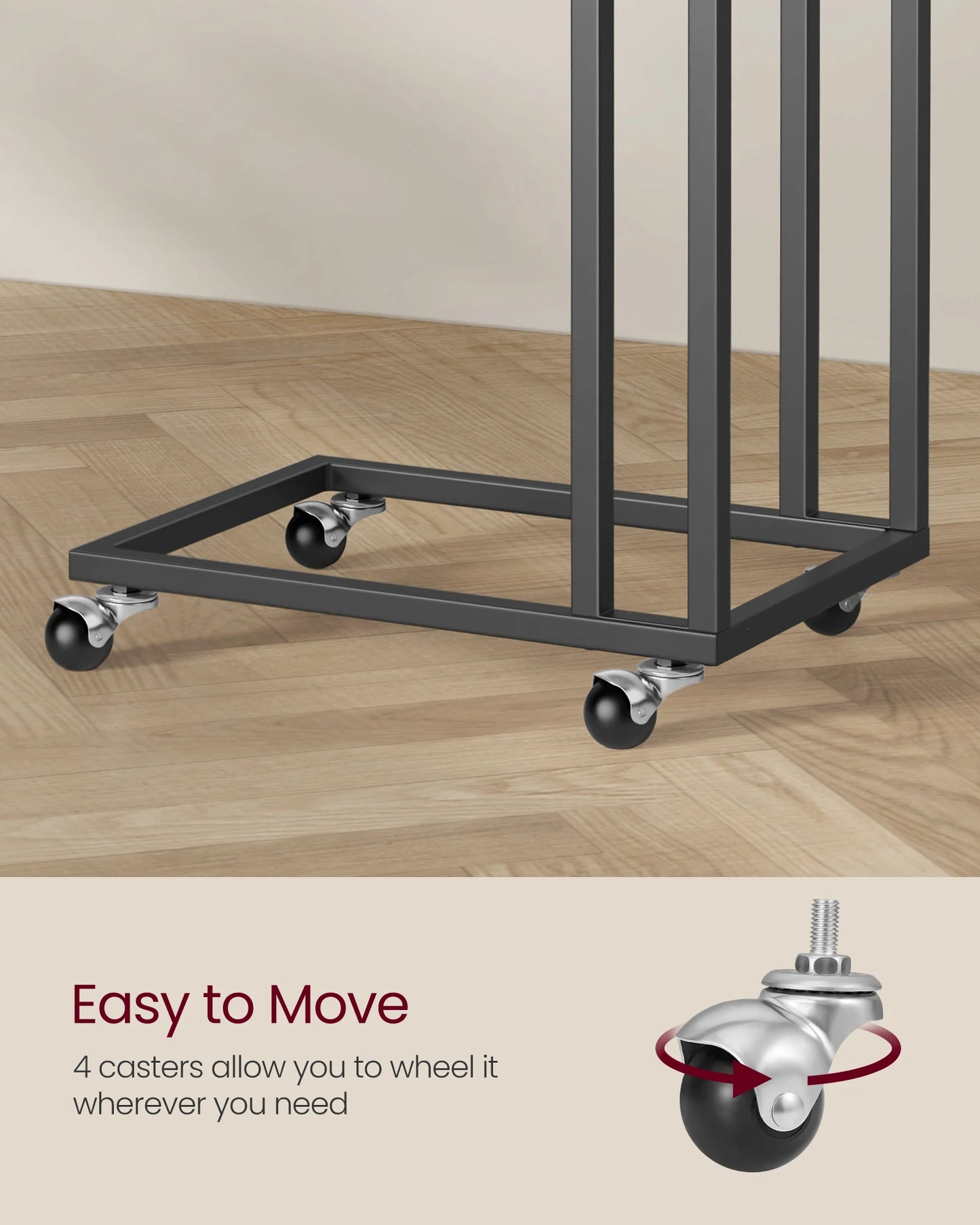 VASAGLE End Table, C Shaped TV Tray with Metal Frame Rolling Casters for Coffee Laptop Mobile Tablet, Industrial Side Table