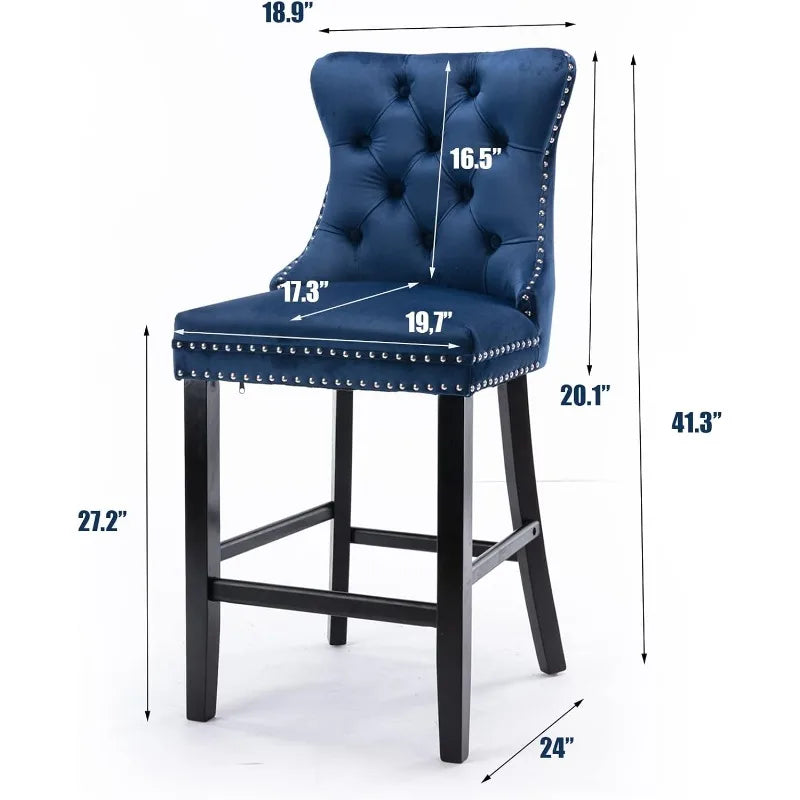 Upholstered Bar Stools Set of 4 with Wood Legs, Button Tufted,Chrome Nailhead, Counterstool Seat, Armles