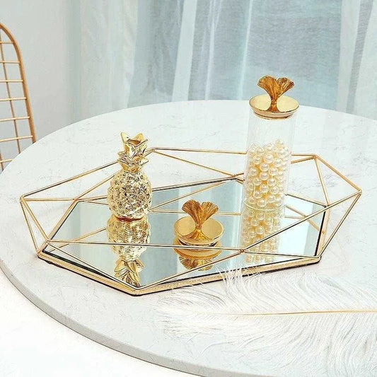 European Metal Glass Jewelry Gold Display Plate Geometric Tray Mirror Rose Shelf  Storage Ring Dish Home Decoration