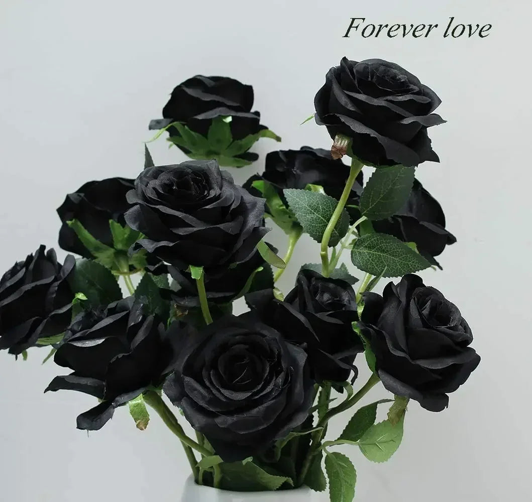 12 PCS Artificial Flowers Roses Silk Flowers Fake Long Stem Artificial Black Roses for Home Party Halloween Decorations