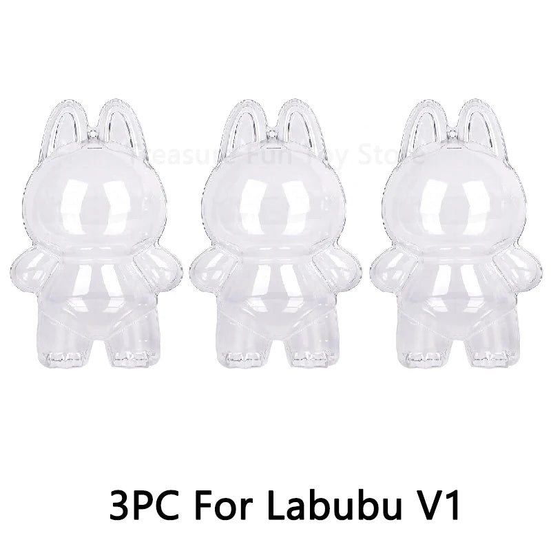 1-3 pcs Protective Case Cover for Labubu Doll V1 V2 V3,Plastic Acrylic Display Case for Standing and Seat Series with Keychain