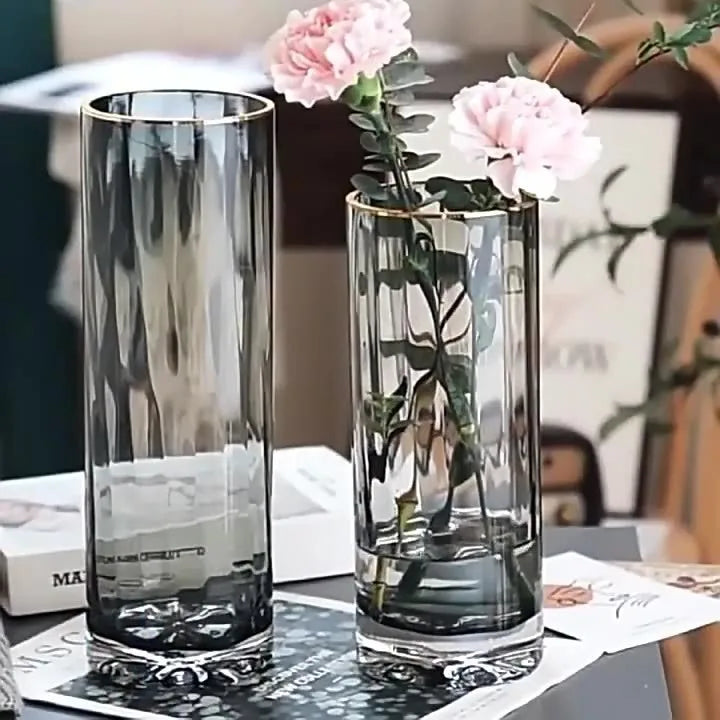 Vase, high-end straight tube, gold-plated glass vase, transparent water cured dried flower arrangement, desktop decoration