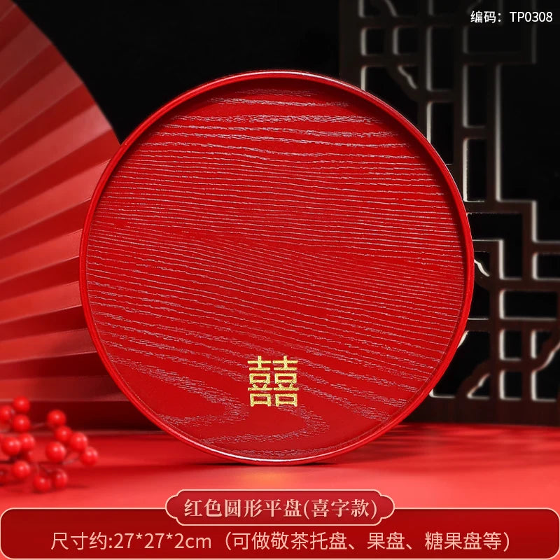 Chinese Red Solid Wood Tray Wedding Wedding Decorative Tray Home Dry Brew Tea Tray Wedding Supplies