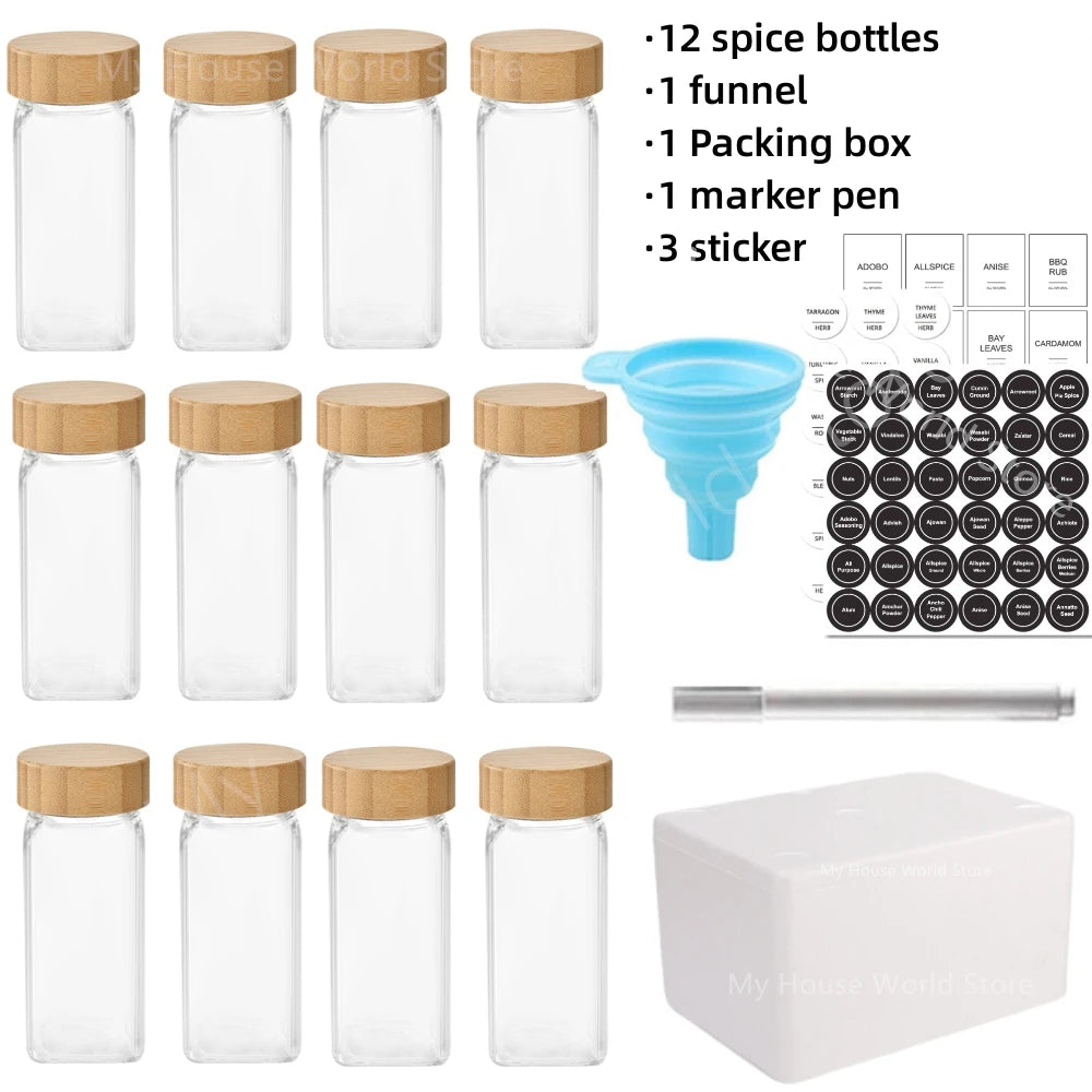 Glass Spice Jars with Bamboo Lid Spice Seasoning Containers Spice Pot Salt Pepper Shakers Spice Organizer Kitchen Spice Jar Set