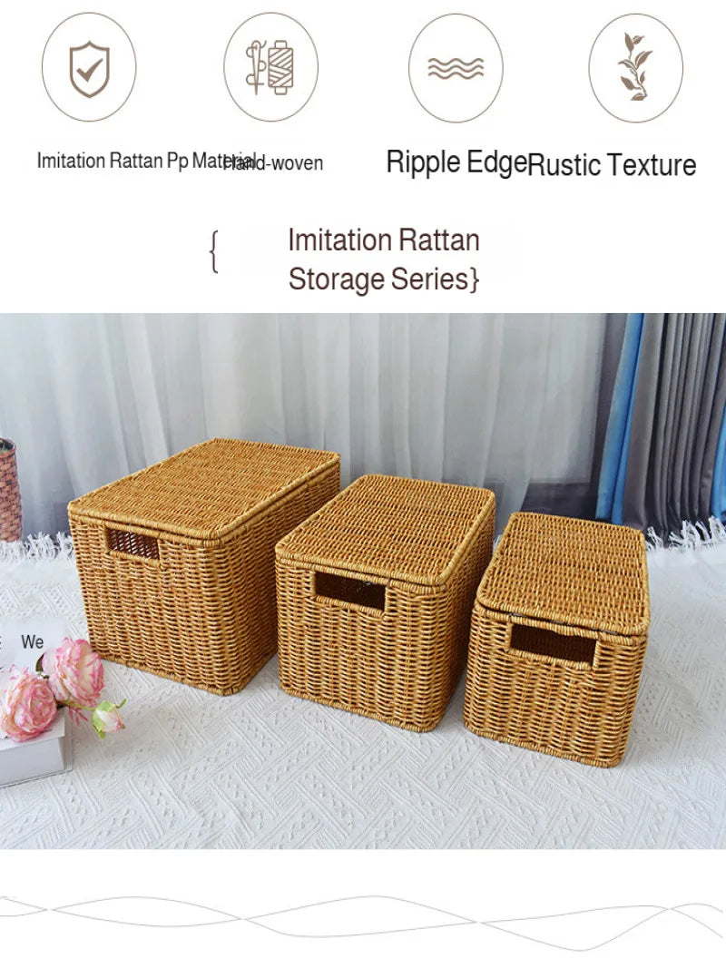 Closet Storage Basket Rattan Woven Organizer Box for Clothes Storage Bin with Lid Home Wardrobe Bedroom Shelf Use