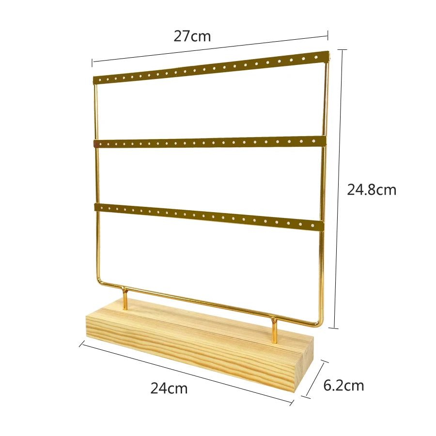 Solid Wood Base Metal Earrings Display Stand 3 Layers 69 Holes Jewelry Rack Earrings Studs Hanging Props Dresser Jewelry Storage