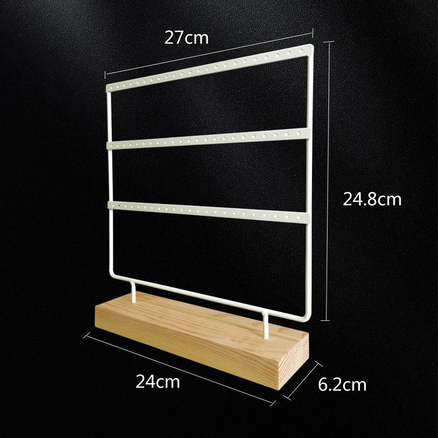 Solid Wood Base Metal Earrings Display Stand 3 Layers 69 Holes Jewelry Rack Earrings Studs Hanging Props Dresser Jewelry Storage