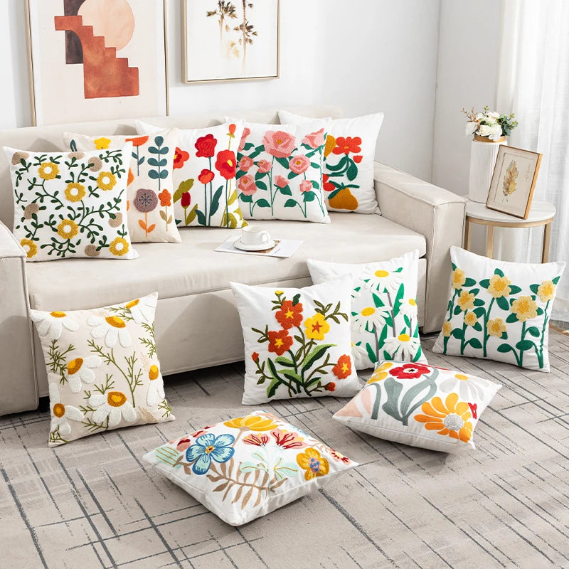 1PC Boho Embroidery Flower Throw Pillow Cover 17.7inx17.7in